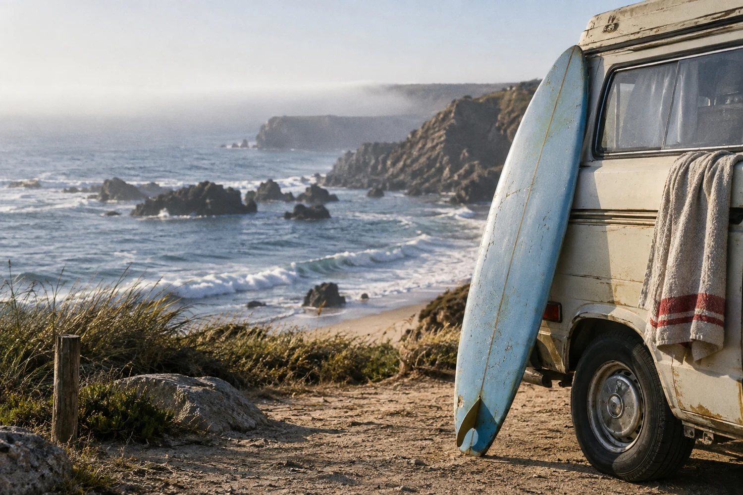 Illustrative coastal scene with a surfboard and camper